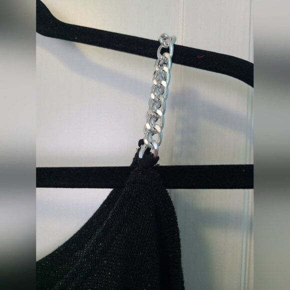 Festive Holiday Party Black Glitter Knit Cold Shoulder Silver Chain Strap Top - Picture 8 of 11